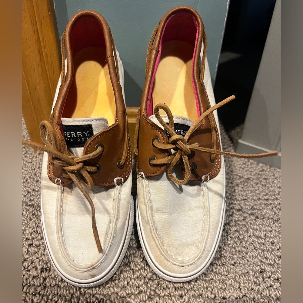 Sperry Top Sider Women’s Cream Linen/Brown Leather Slip On Boat Shoes Sz 7.5